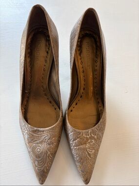 BCBGirls Tan Paisley Embossed Pointed-Toe Pumps